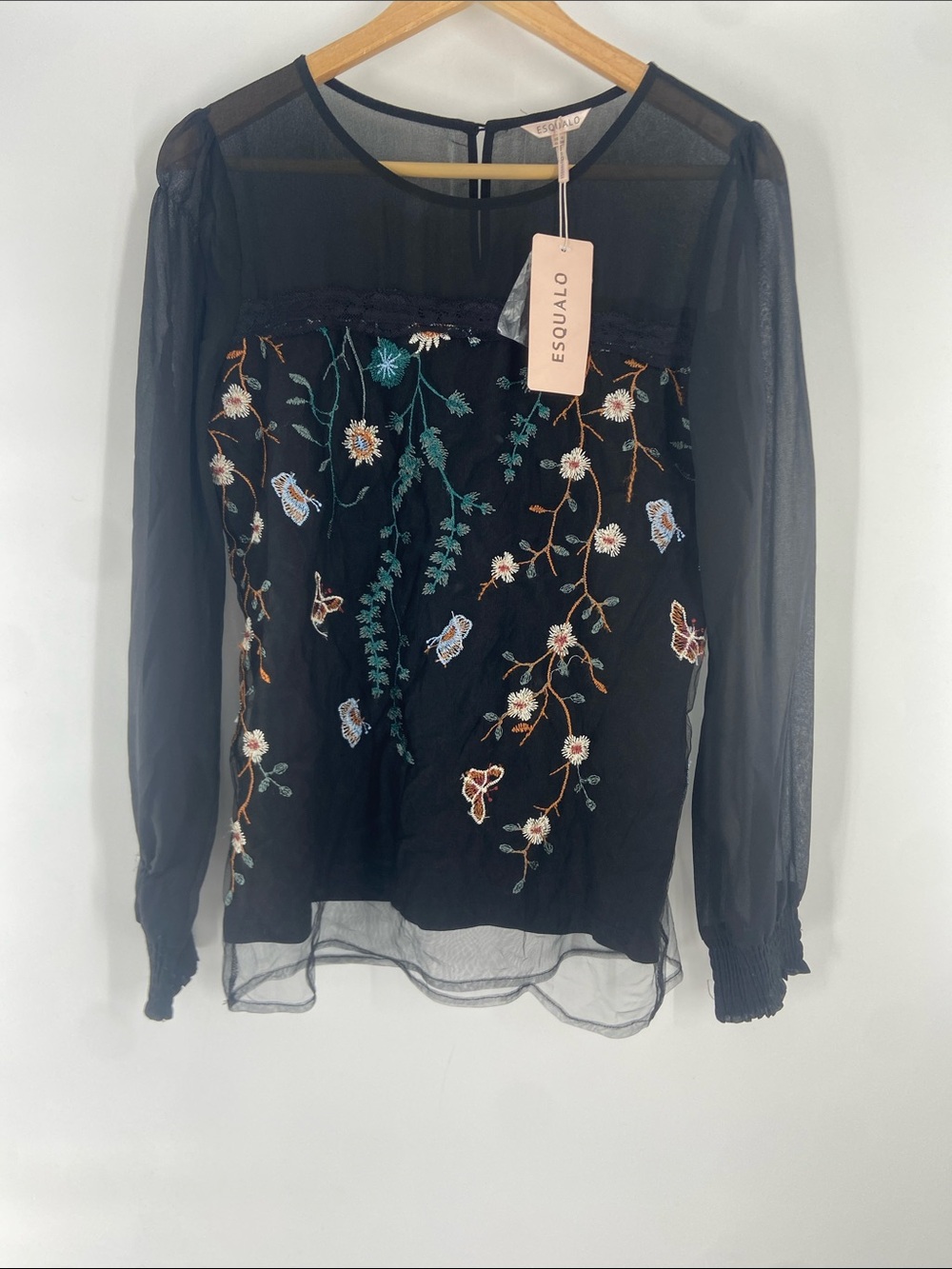 Esqualo Black Mesh Blouse With Floral Pattern Size 6 NWT